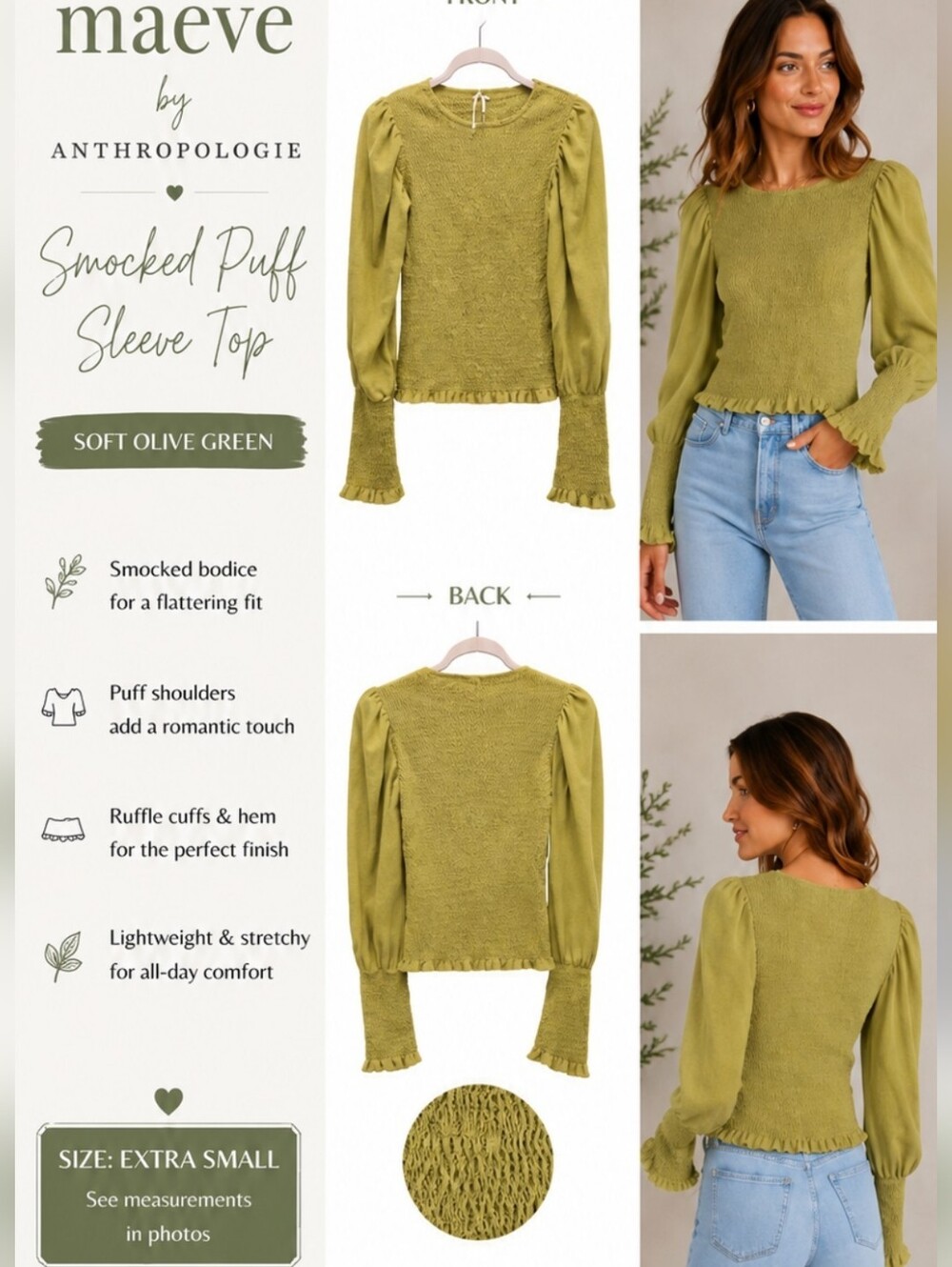Maeve Anthropologie Smocked Puff Sleeve Top Green Cottagecore Romantic Boho